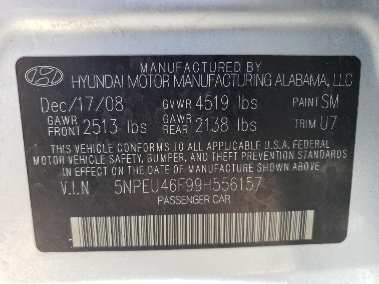 5NPEU46F99H556157 2009 Hyundai Sonata Se