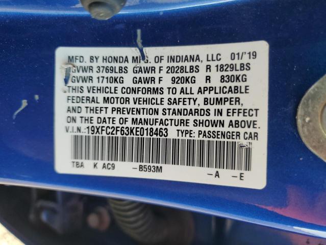 2019 Honda Civic Lx VIN: 19XFC2F63KE018463 Lot: 60041334