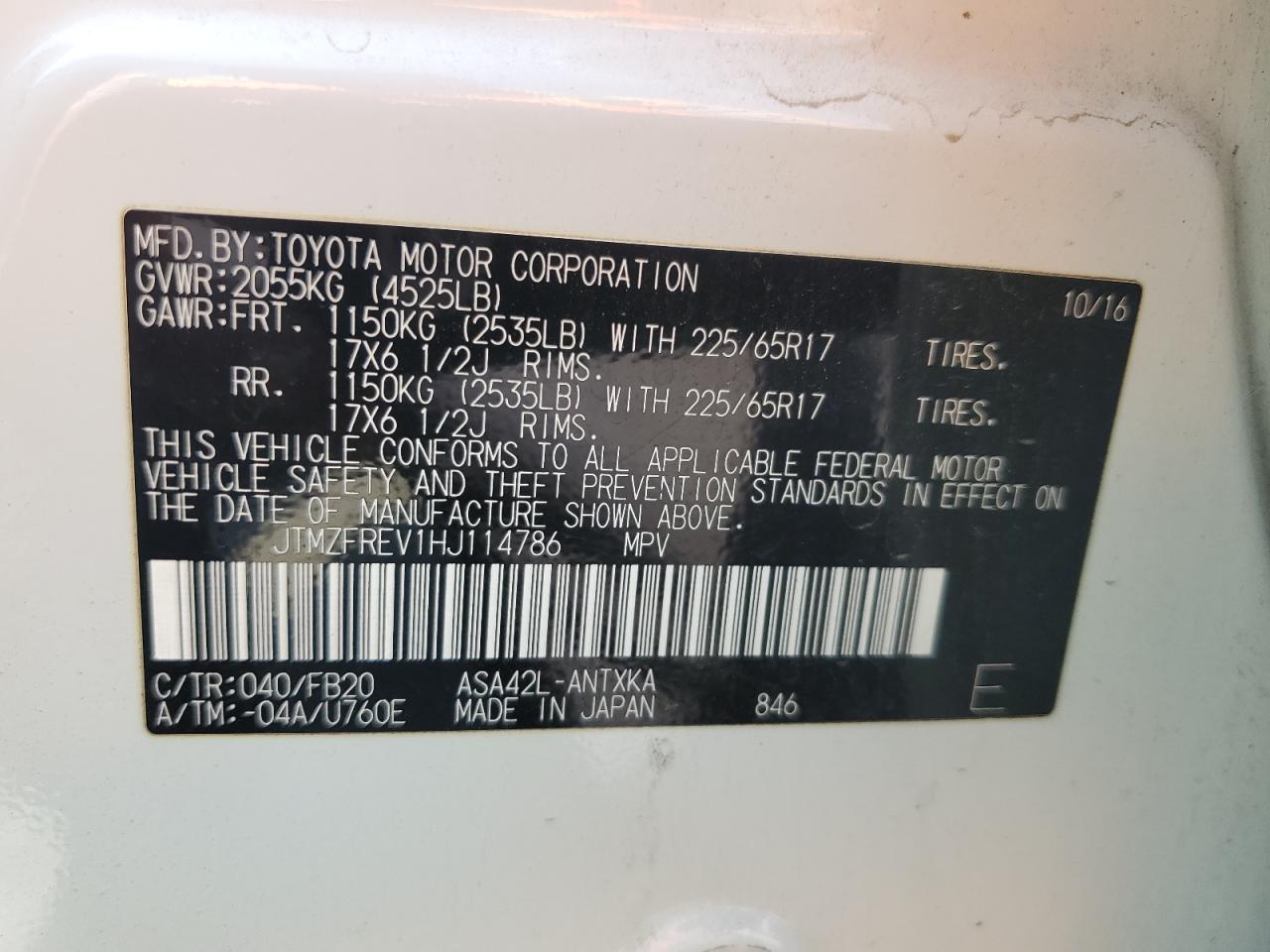 JTMZFREV1HJ114786 2017 Toyota Rav4 Le