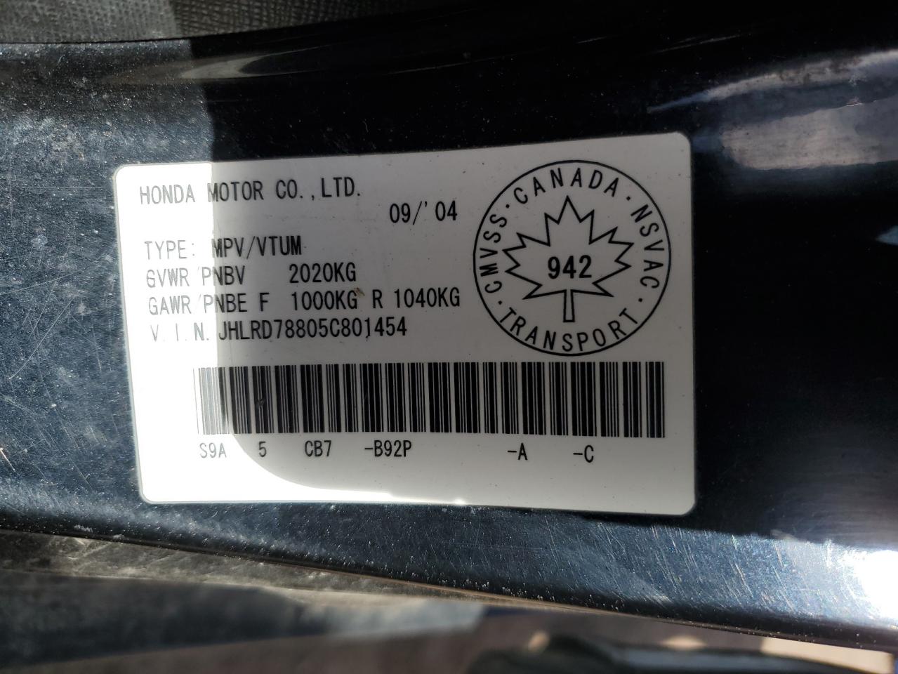 JHLRD78805C801454 2005 Honda Cr-V Ex