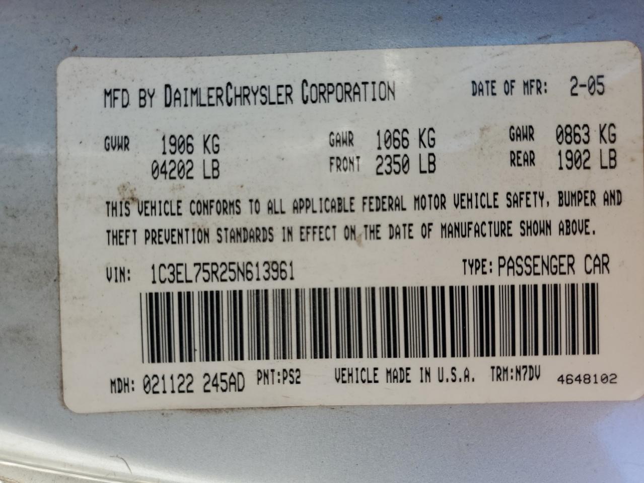 1C3EL75R25N613961 2005 Chrysler Sebring Gtc