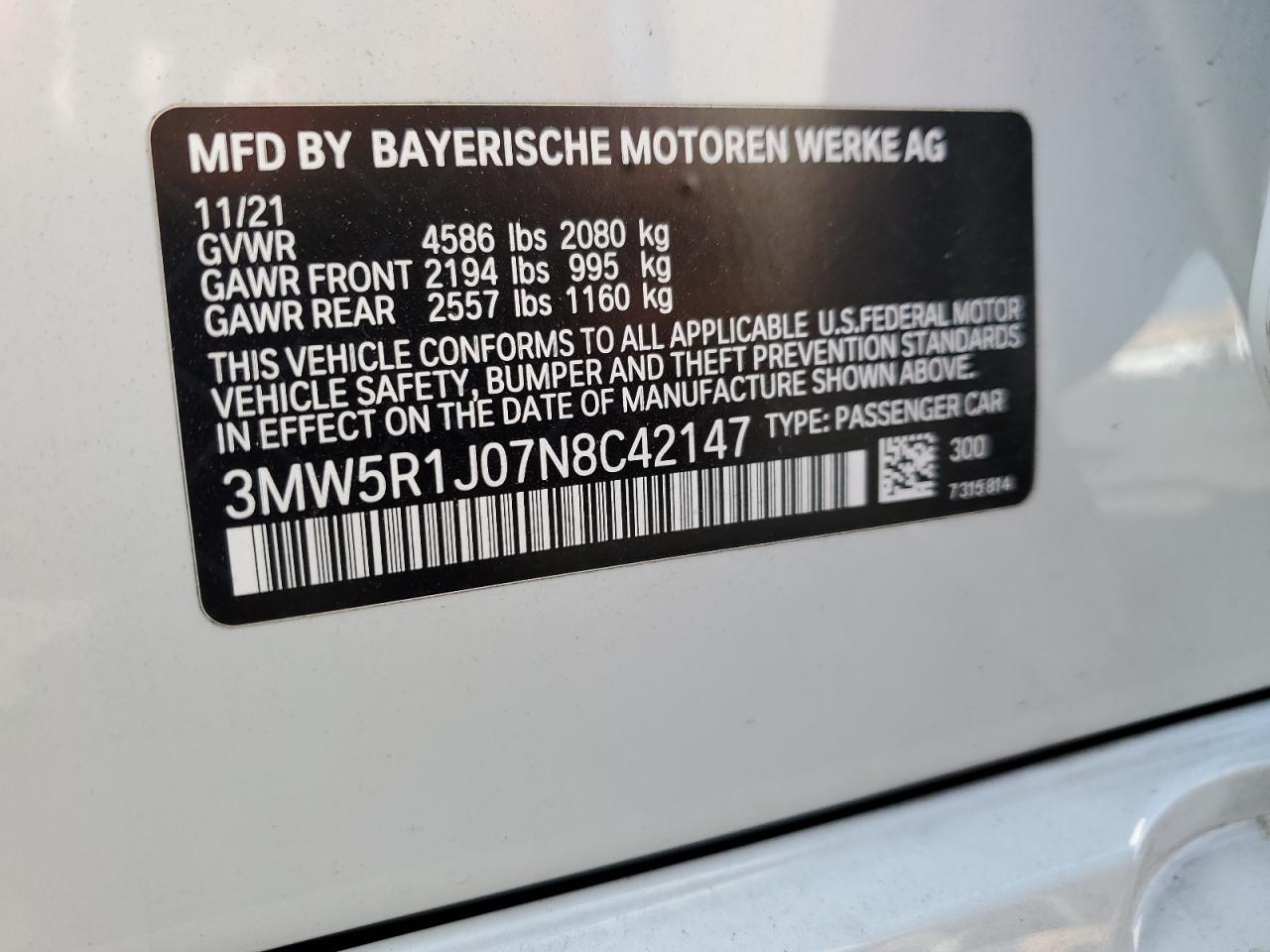 3MW5R1J07N8C42147 2022 BMW 330I