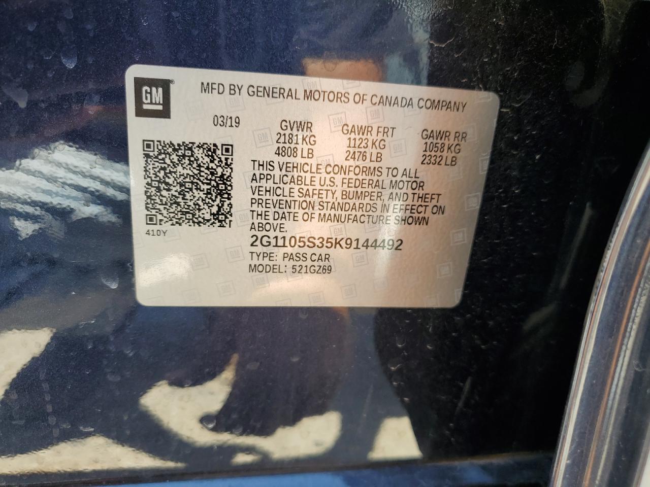 2G1105S35K9144492 CHEVROLET IMPALA 2019