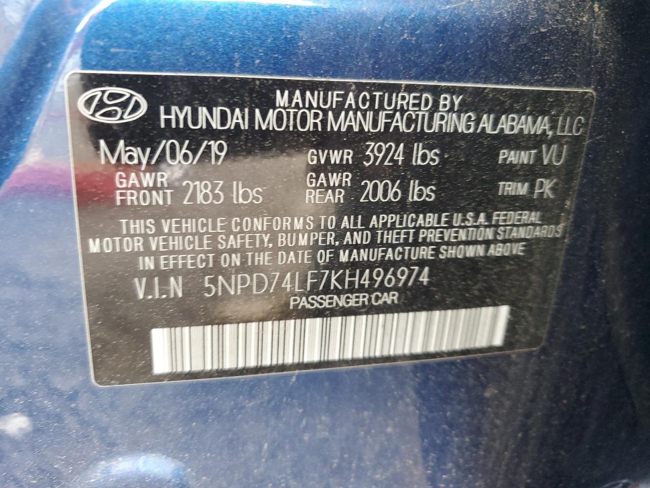 5NPD74LF7KH496974 2019 Hyundai Elantra Se