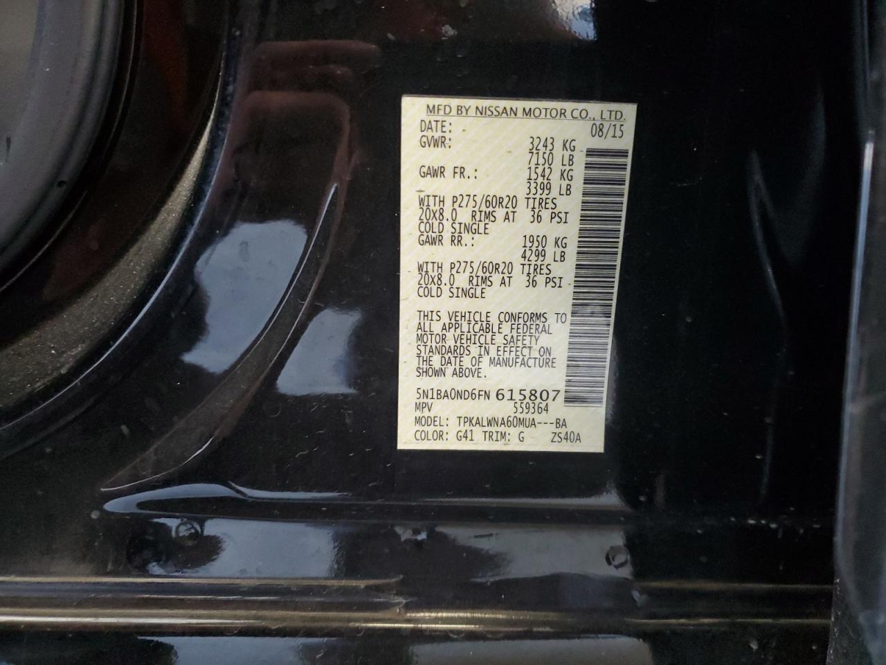 5N1BA0ND6FN615807 2015 Nissan Armada Sv