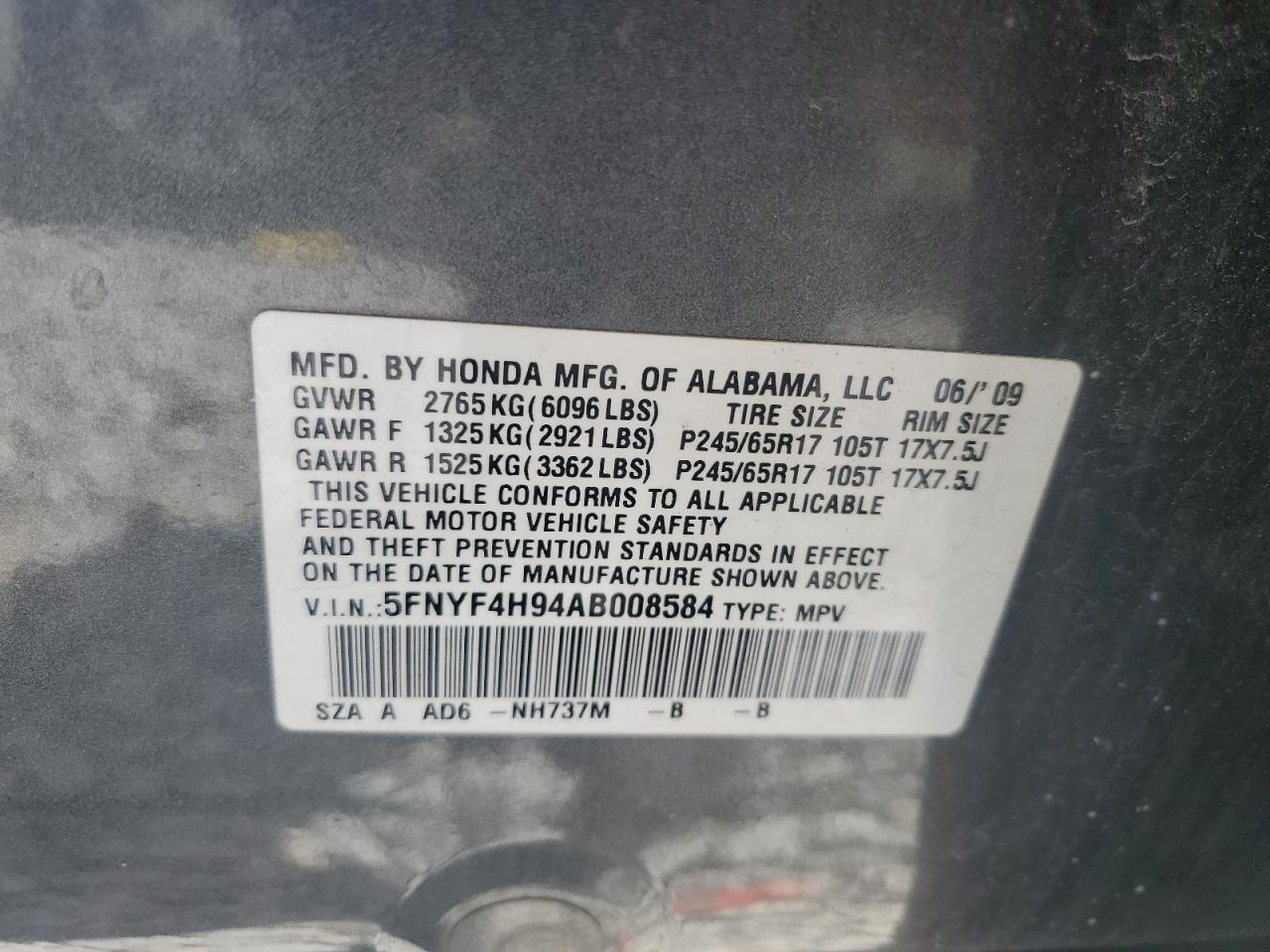 5FNYF4H94AB008584 2010 Honda Pilot Touring