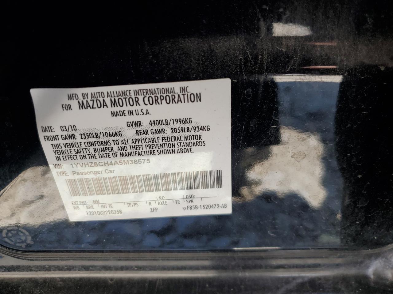 1YVHZ8CH4A5M38575 2010 Mazda 6 I