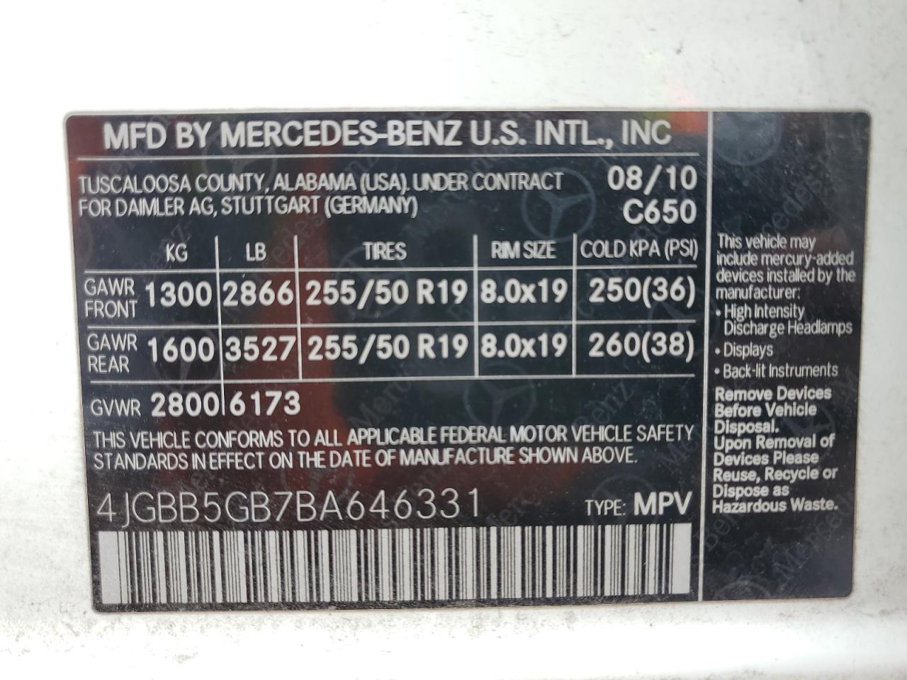 4JGBB5GB7BA646331 2011 Mercedes-Benz Ml 350