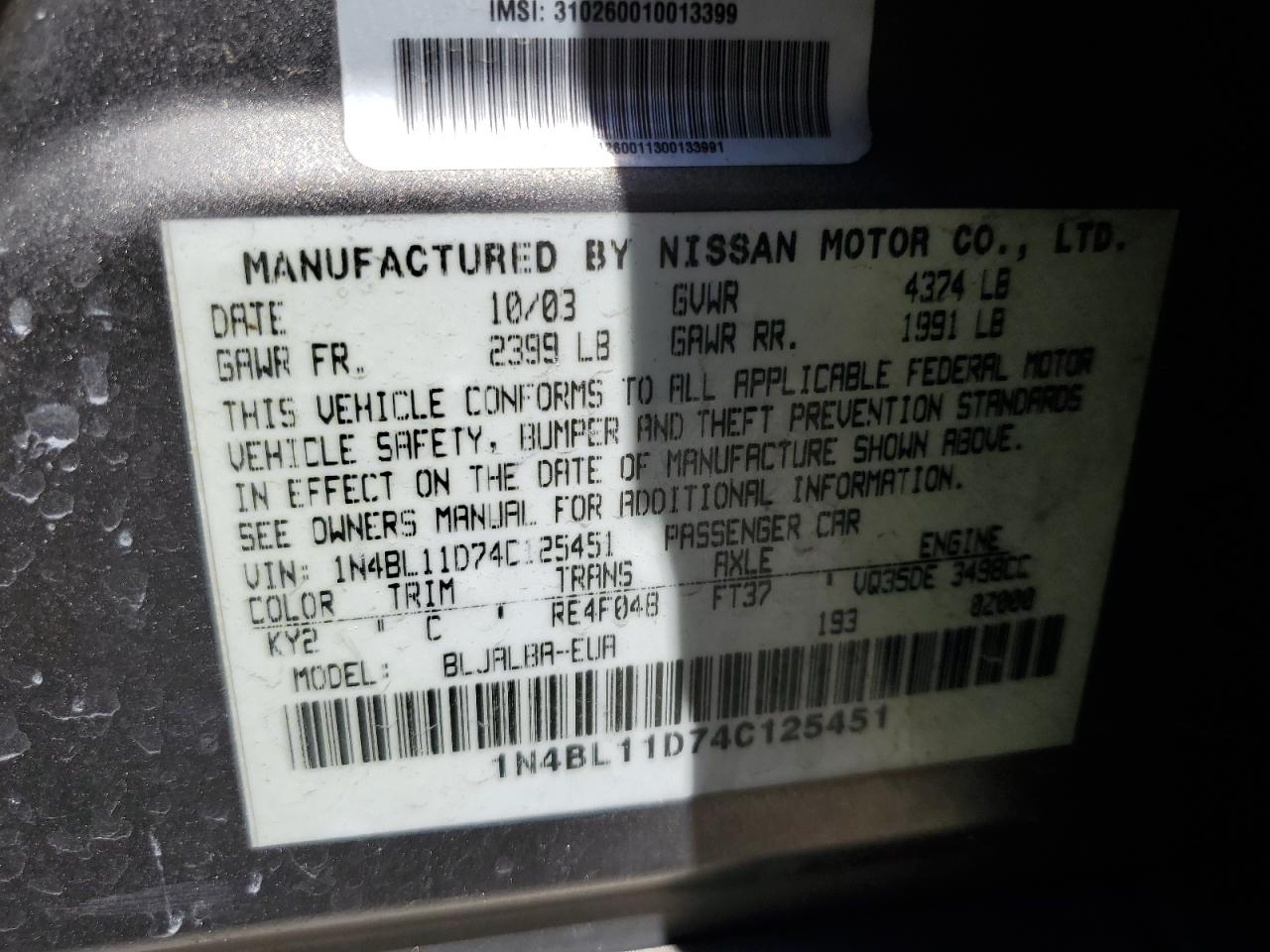 1N4BL11D74C125451 2004 Nissan Altima Se