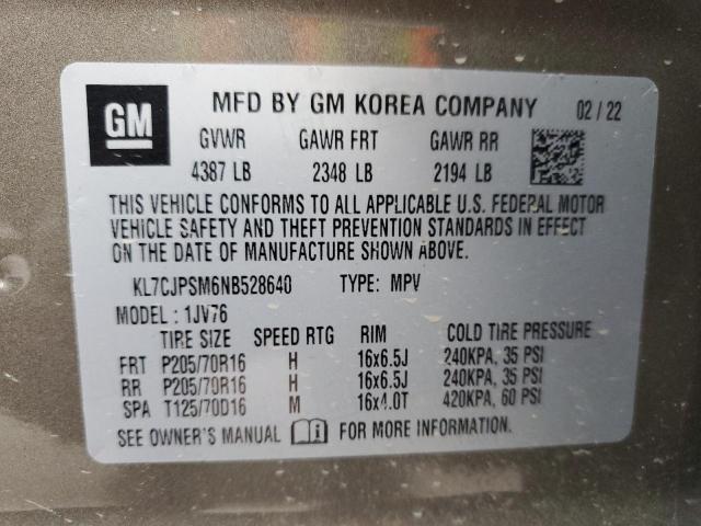 2022 Chevrolet Trax 1Lt VIN: KL7CJPSM6NB528640 Lot: 57837124