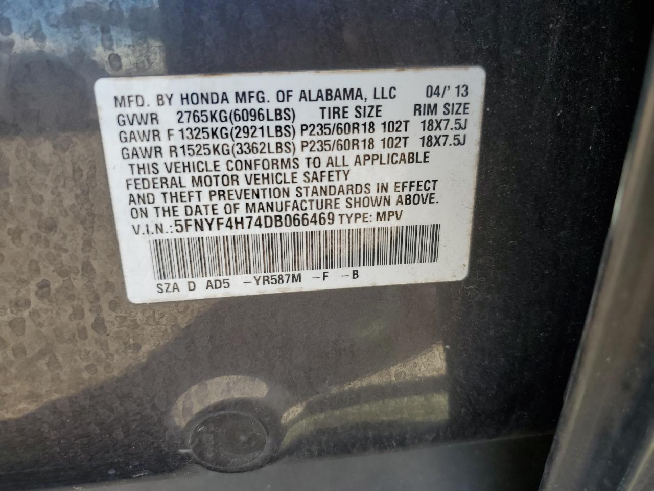 5FNYF4H74DB066469 2013 Honda Pilot Exln