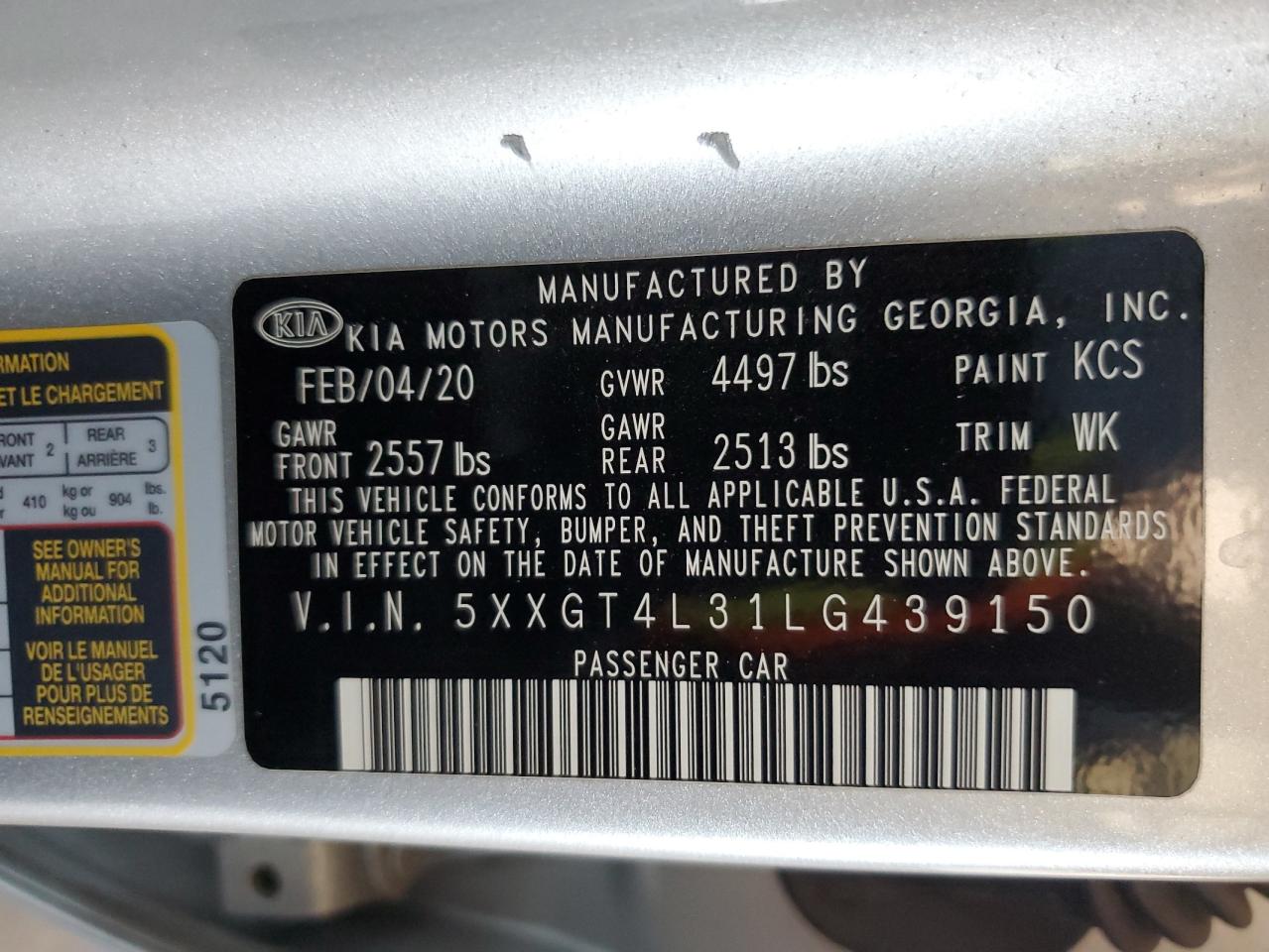 5XXGT4L31LG439150 2020 Kia Optima Lx