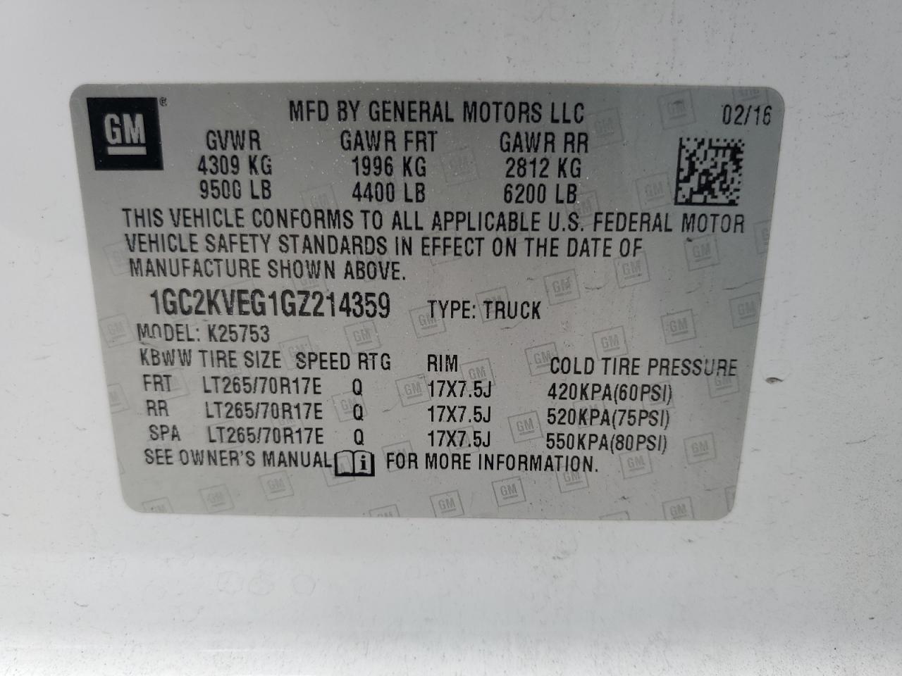 1GC2KVEG1GZ214359 CHEVROLET ALL Models 2016