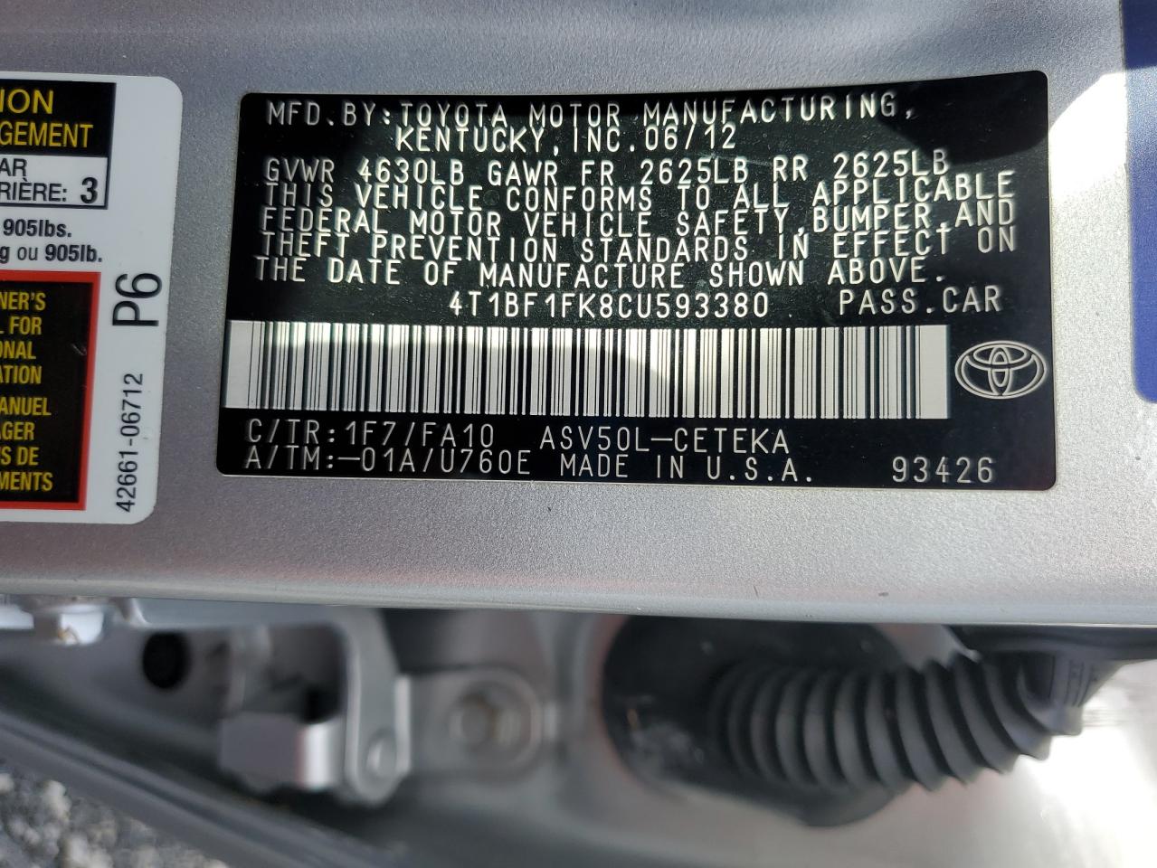 4T1BF1FK8CU593380 2012 Toyota Camry Base