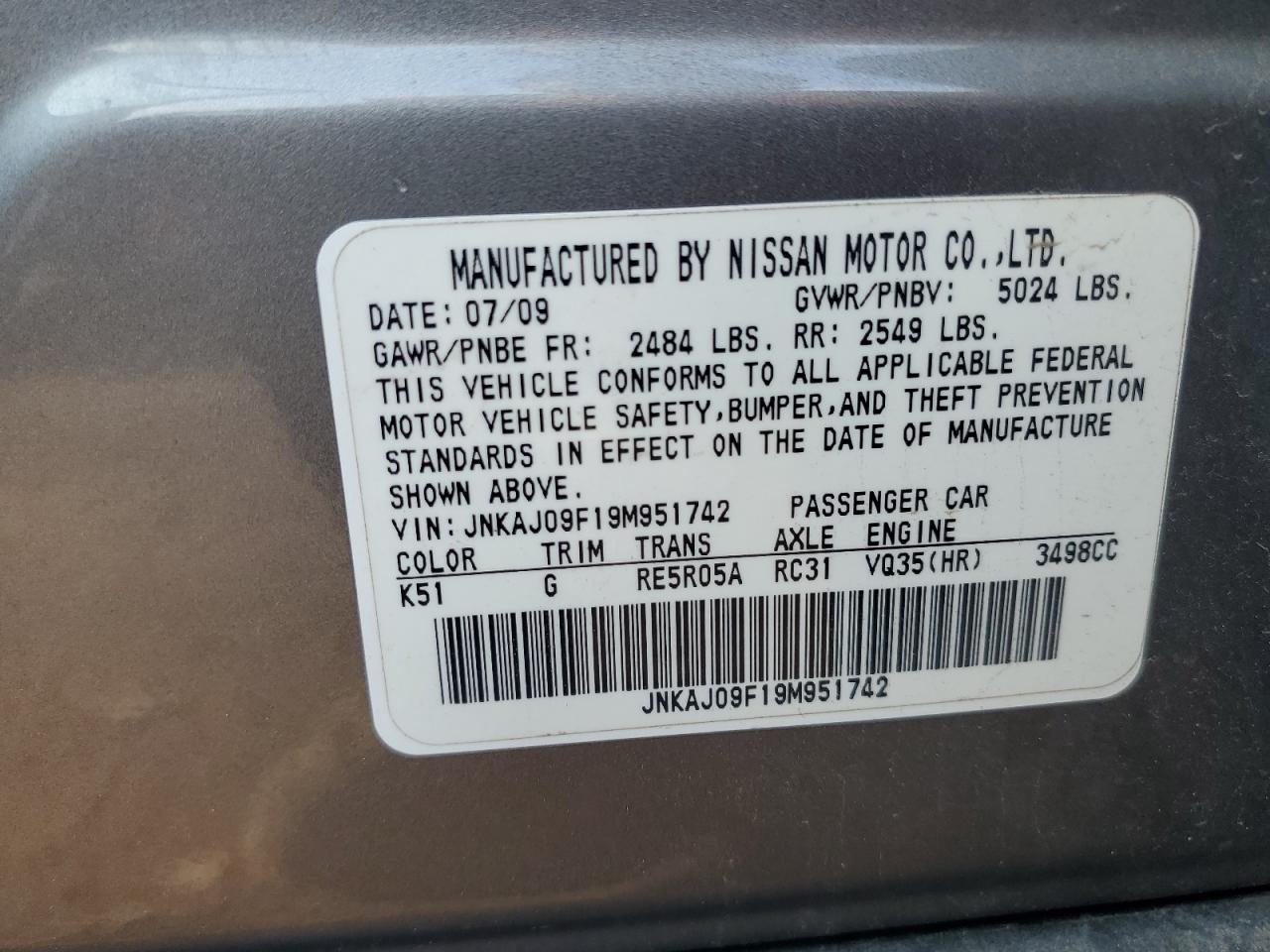 JNKAJ09F19M951742 2009 Infiniti Ex35 Base