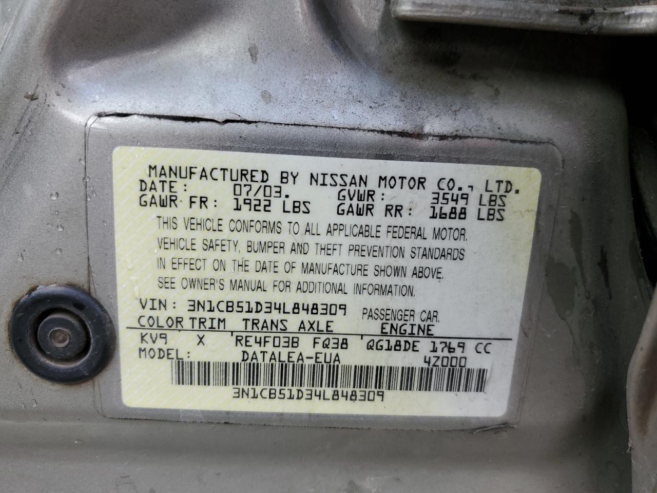 3N1CB51D34L848309 2004 Nissan Sentra 1.8