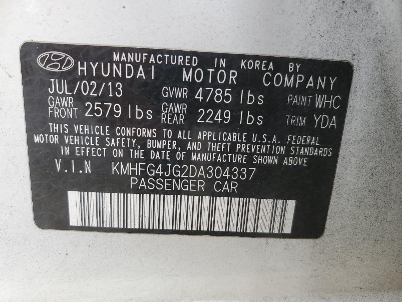 KMHFG4JG2DA304337 2013 Hyundai Azera