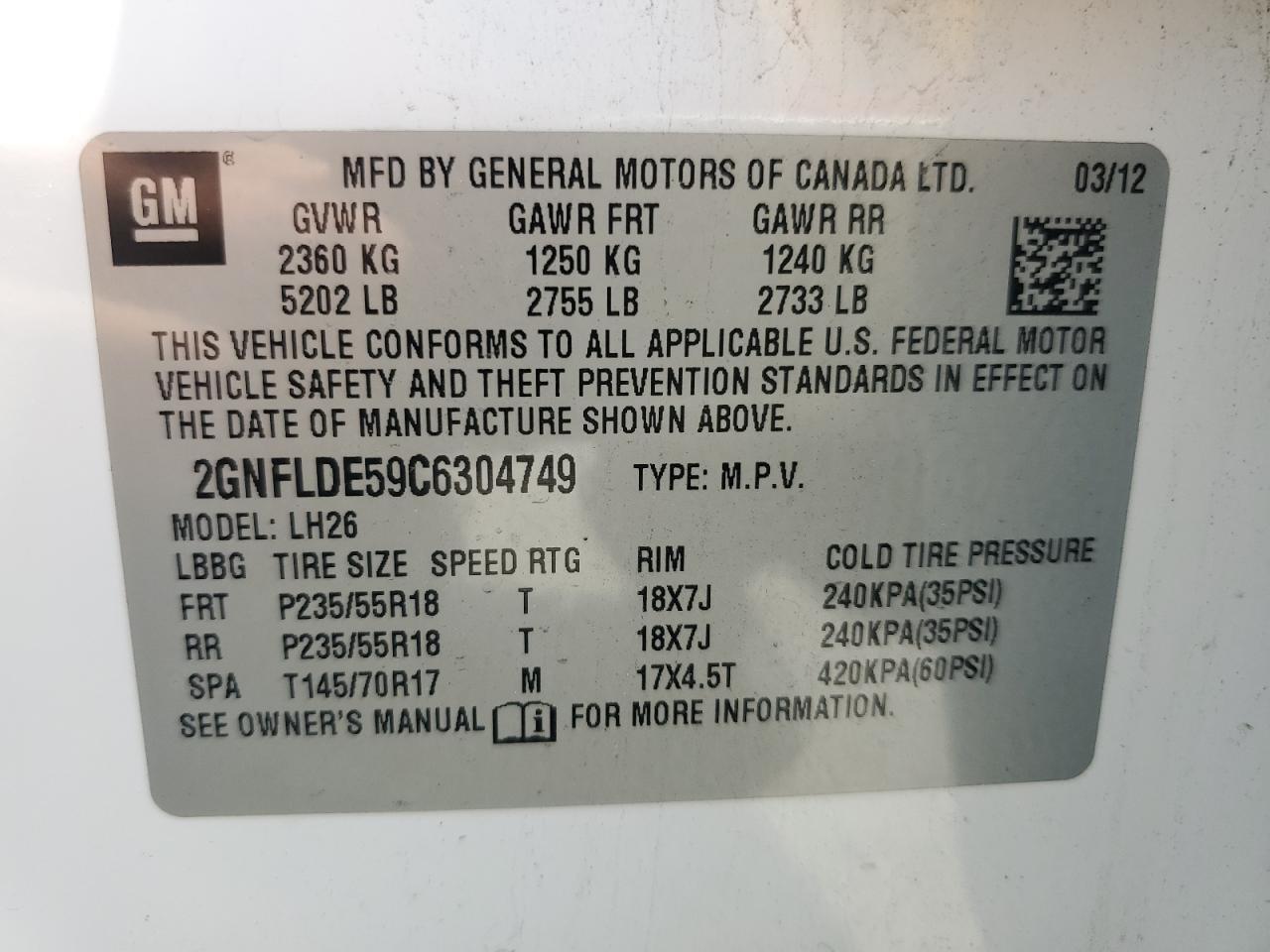 2GNFLDE59C6304749 2012 Chevrolet Equinox Lt