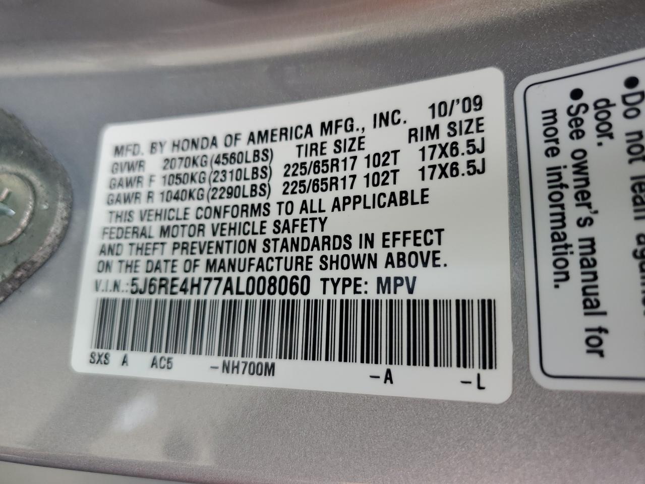 5J6RE4H77AL008060 2010 Honda Cr-V Exl