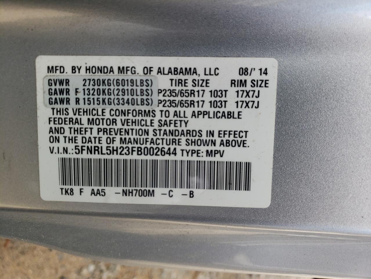 5FNRL5H23FB002644 2015 Honda Odyssey Lx