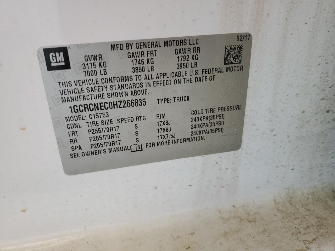 1GCRCNEC0HZ266835 CHEVROLET ALL Models 2017