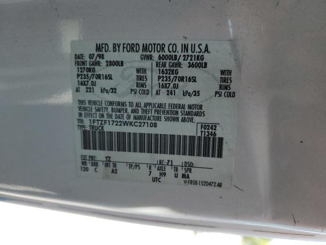 1998 Ford F150 VIN: 1FTZF1722WKC27108 Lot: 59741074