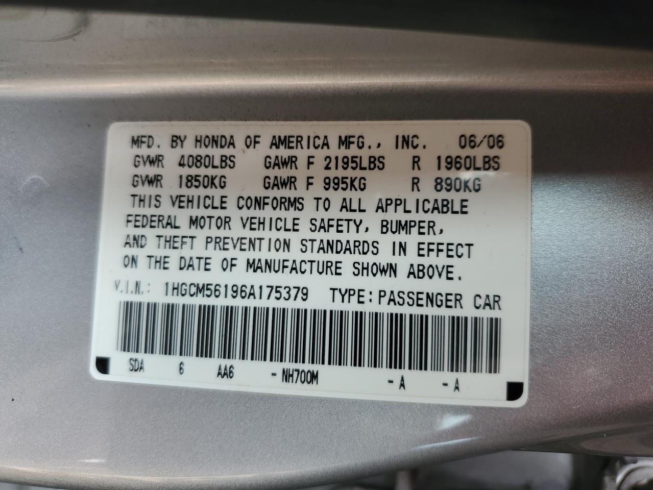 1HGCM56196A175379 2006 Honda Accord Value