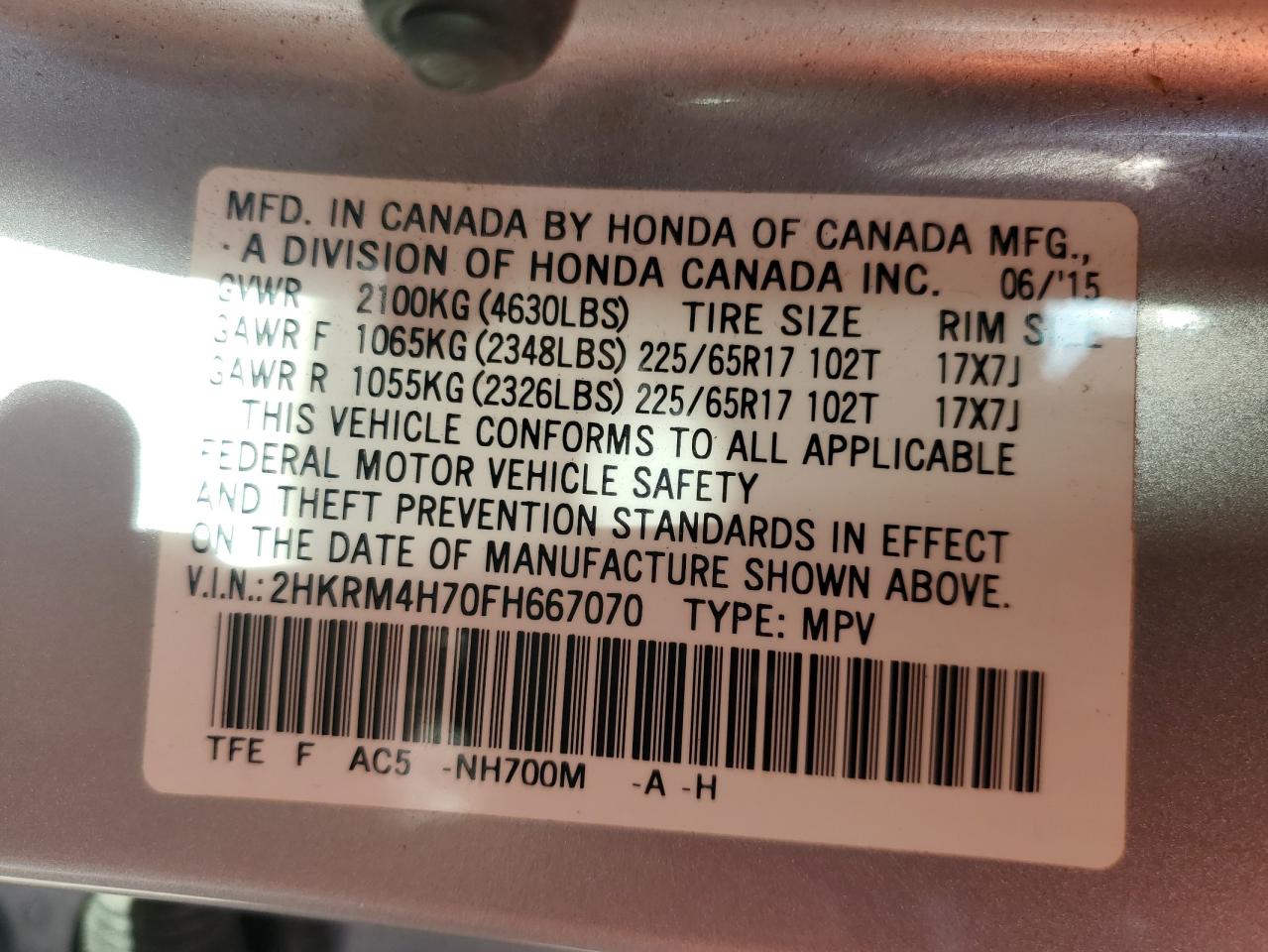 2HKRM4H70FH667070 2015 Honda Cr-V Exl