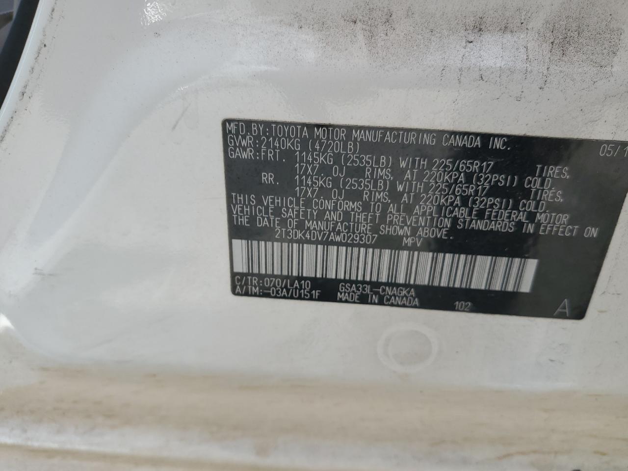 2T3DK4DV7AW029307 2010 Toyota Rav4 Limited