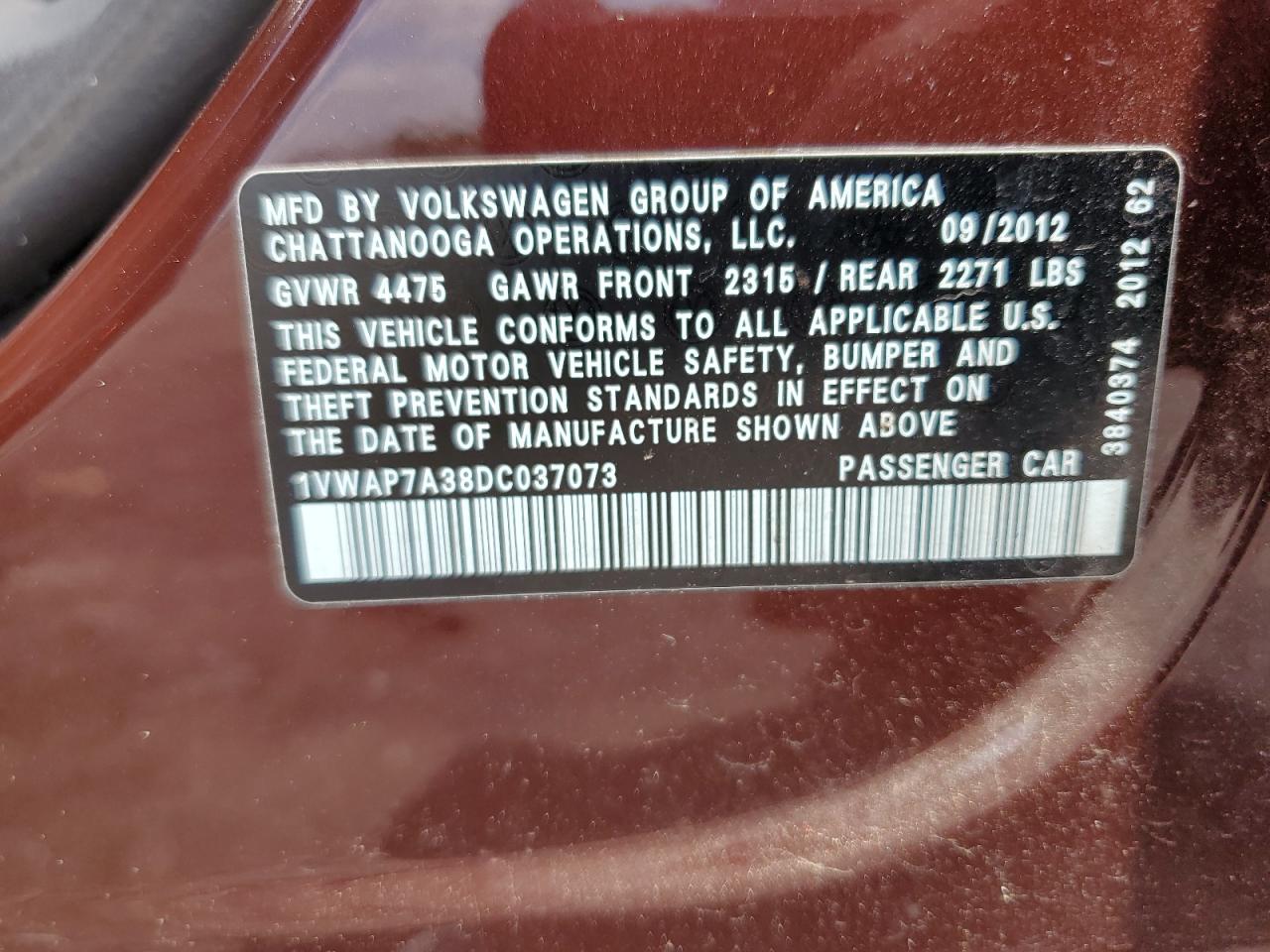 1VWAP7A38DC037073 2013 Volkswagen Passat S