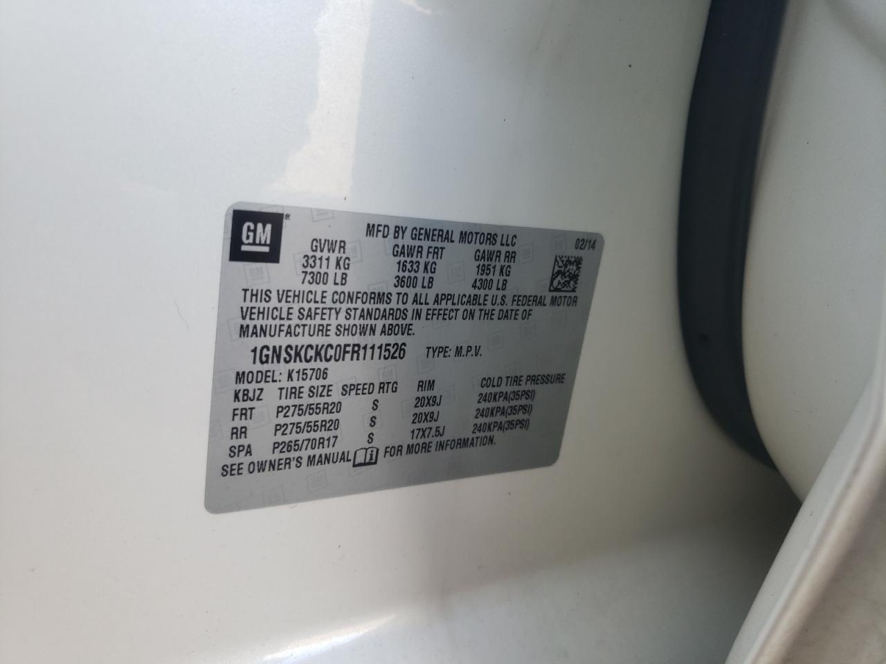 1GNSKCKC0FR111526 2015 Chevrolet Tahoe K1500 Ltz