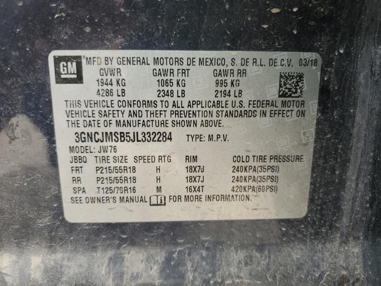 3GNCJMSB5JL332284 2018 Chevrolet Trax Premier