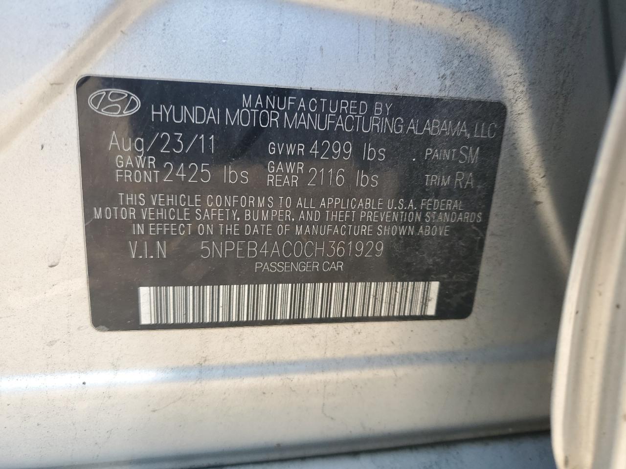 5NPEB4AC0CH361929 2012 Hyundai Sonata Gls