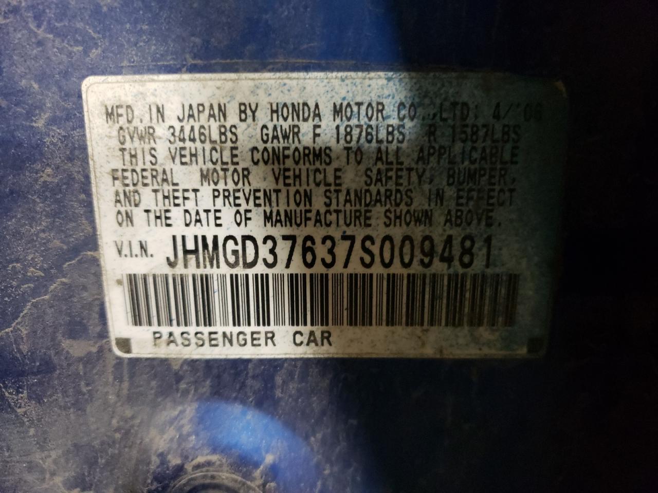 JHMGD37637S009481 2007 Honda Fit S