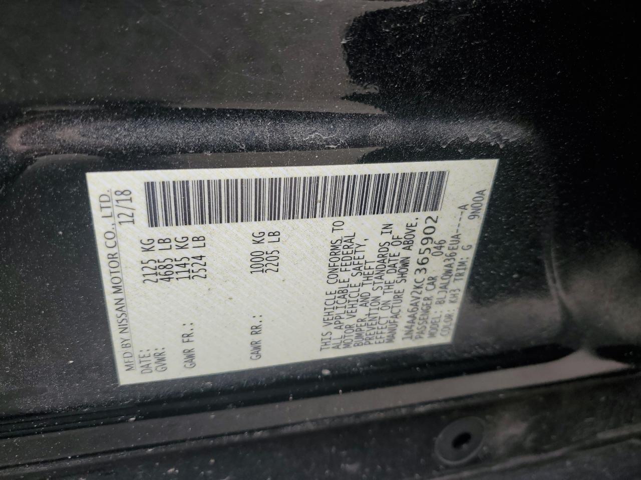 1N4AA6AV2KC365902 2019 Nissan Maxima S