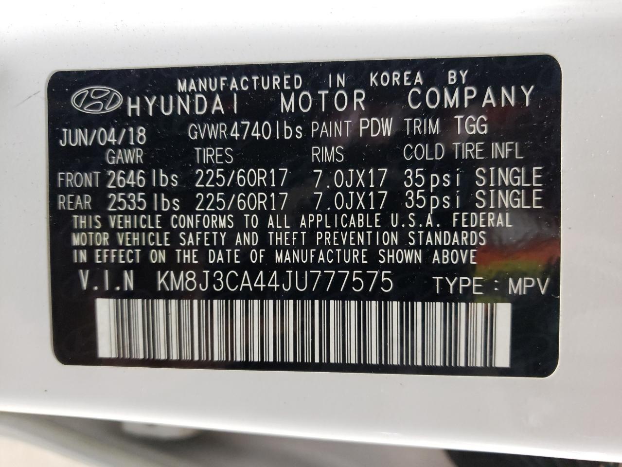 KM8J3CA44JU777575 2018 Hyundai Tucson Sel