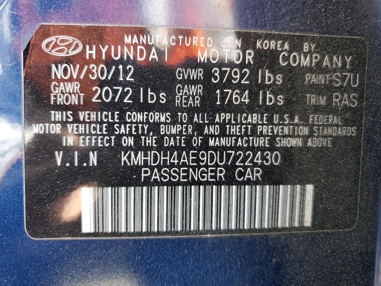 KMHDH4AE9DU722430 2013 Hyundai Elantra Gls