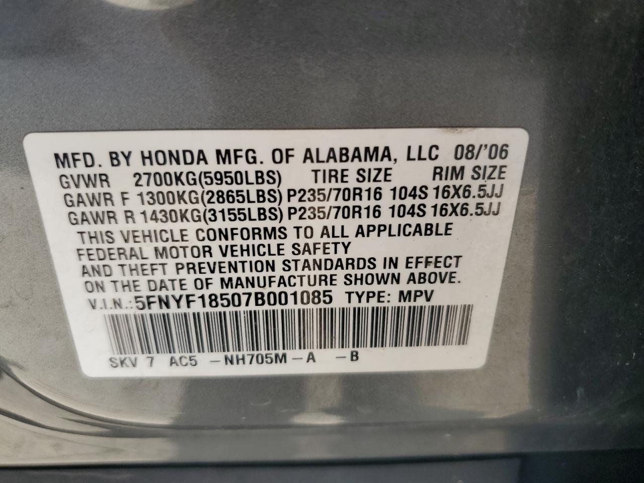 5FNYF18507B001085 2007 Honda Pilot Exl