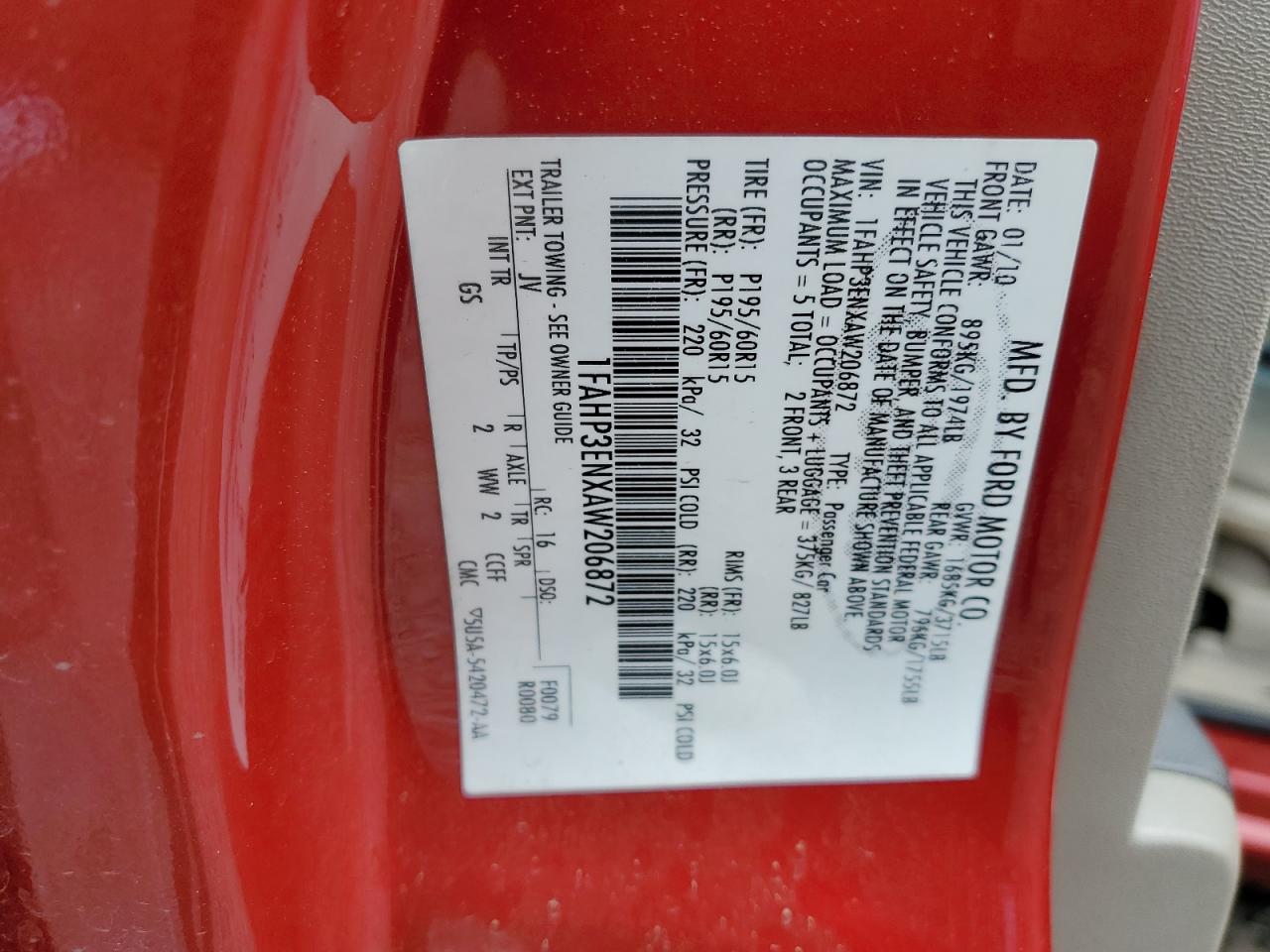 1FAHP3ENXAW206872 2010 Ford Focus S