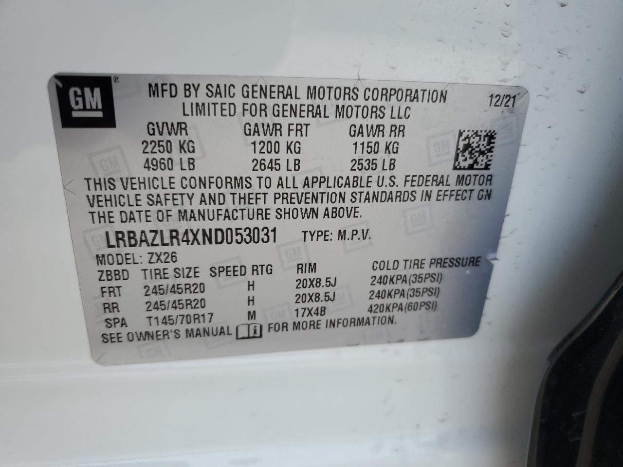 LRBAZLR4XND053031 2022 Buick Envision Preferred