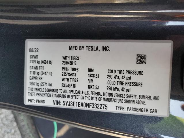 2022 Tesla Model 3 VIN: 5YJ3E1EA0NF332275 Lot: 56929364