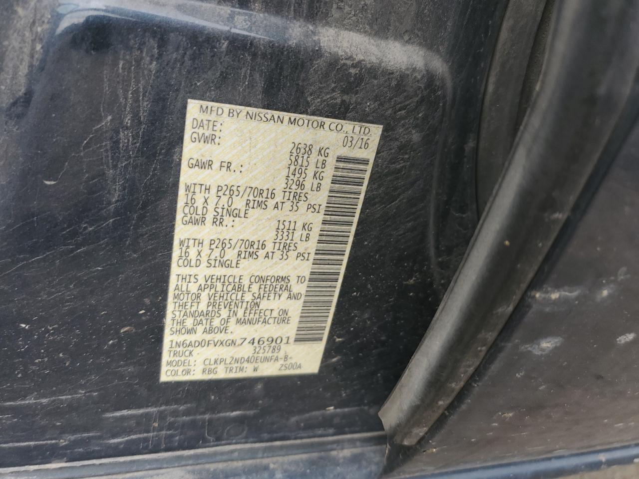 1N6AD0FVXGN746901 NISSAN FRONTIER 2016