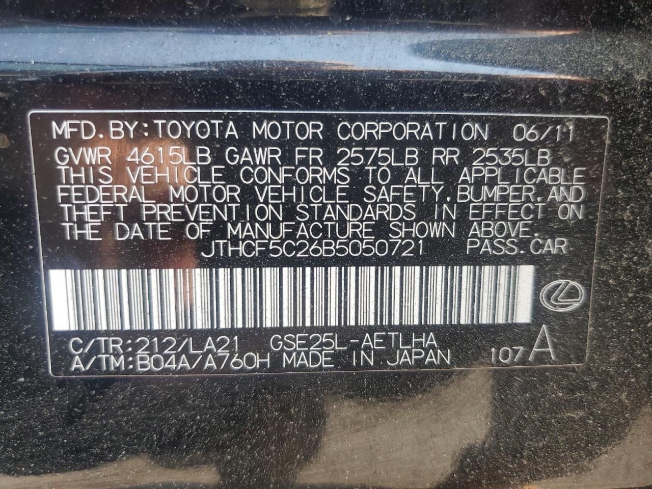 JTHCF5C26B5050721 2011 Lexus Is 250