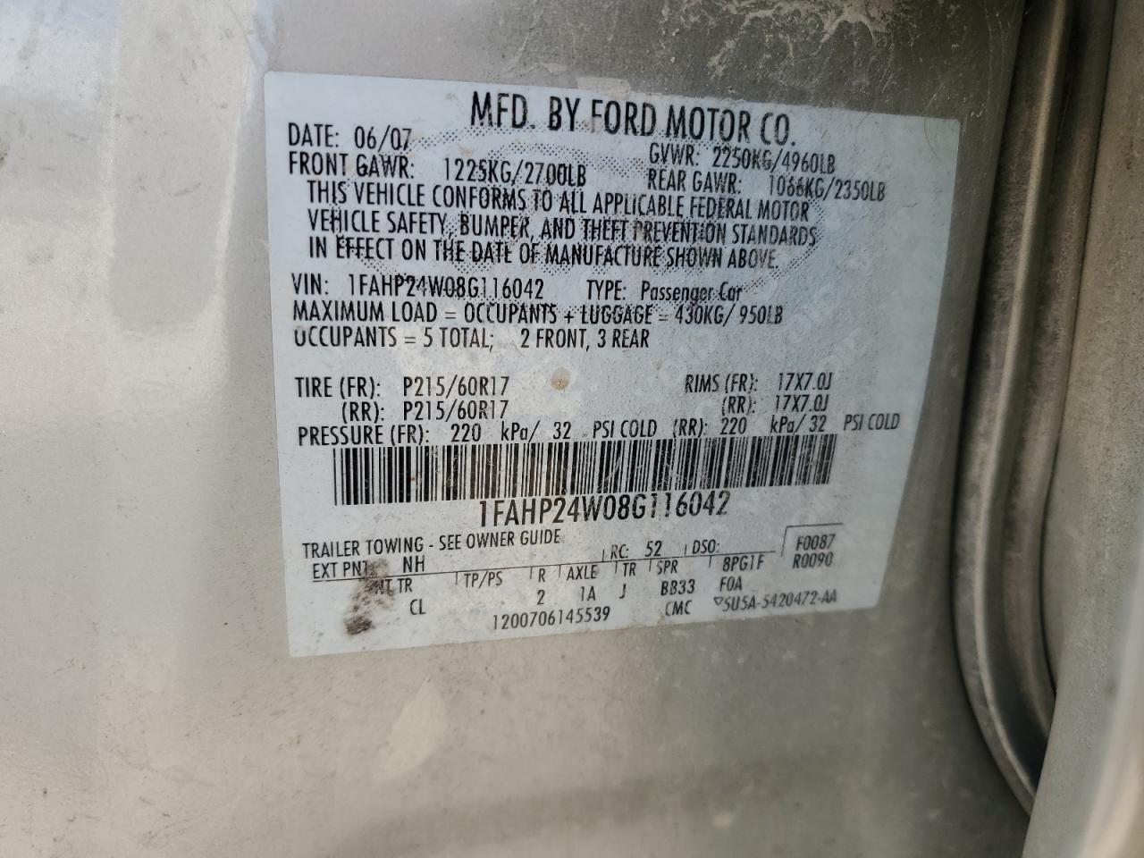 1FAHP24W08G116042 2008 Ford Taurus Sel