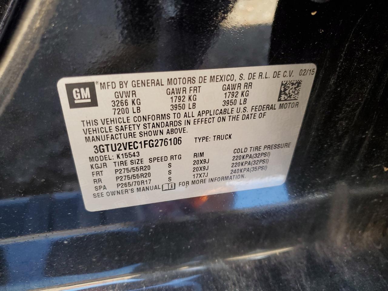 3GTU2VEC1FG276106 2015 GMC Sierra K1500 Slt