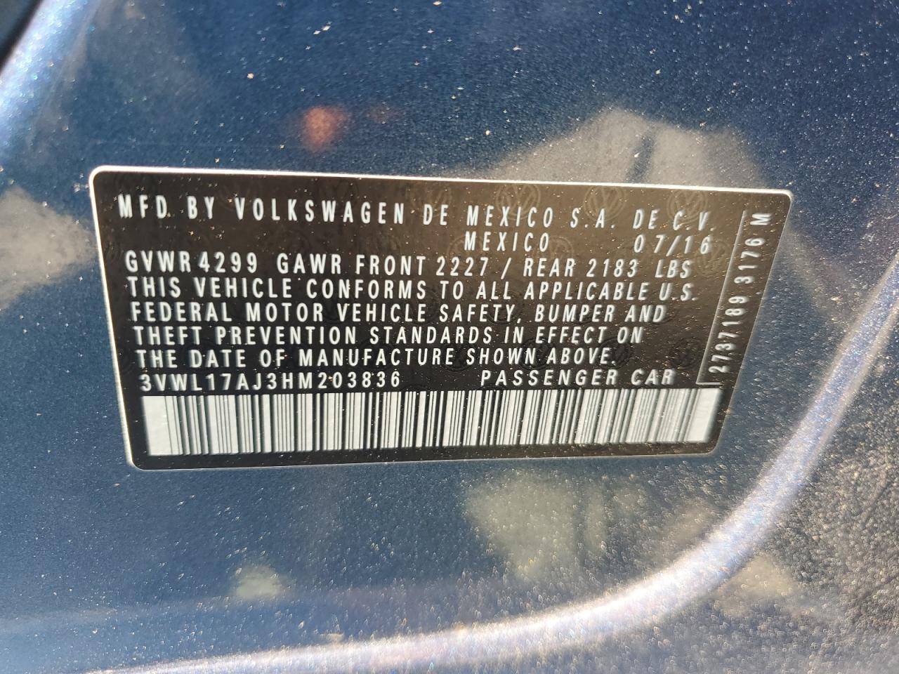 3VWL17AJ3HM203836 2017 Volkswagen Jetta Sel