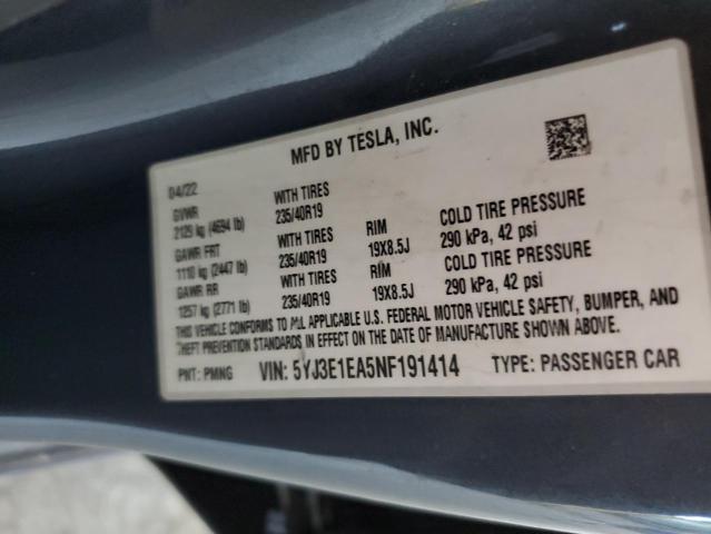 2022 Tesla Model 3 VIN: 5YJ3E1EA5NF191414 Lot: 57776314