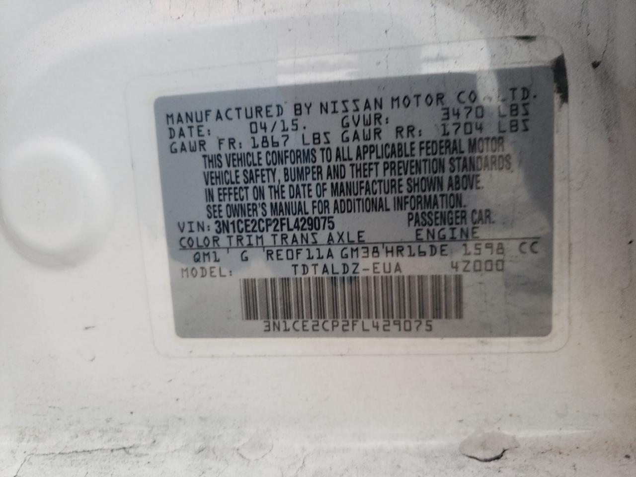 3N1CE2CP2FL429075 2015 Nissan Versa Note S
