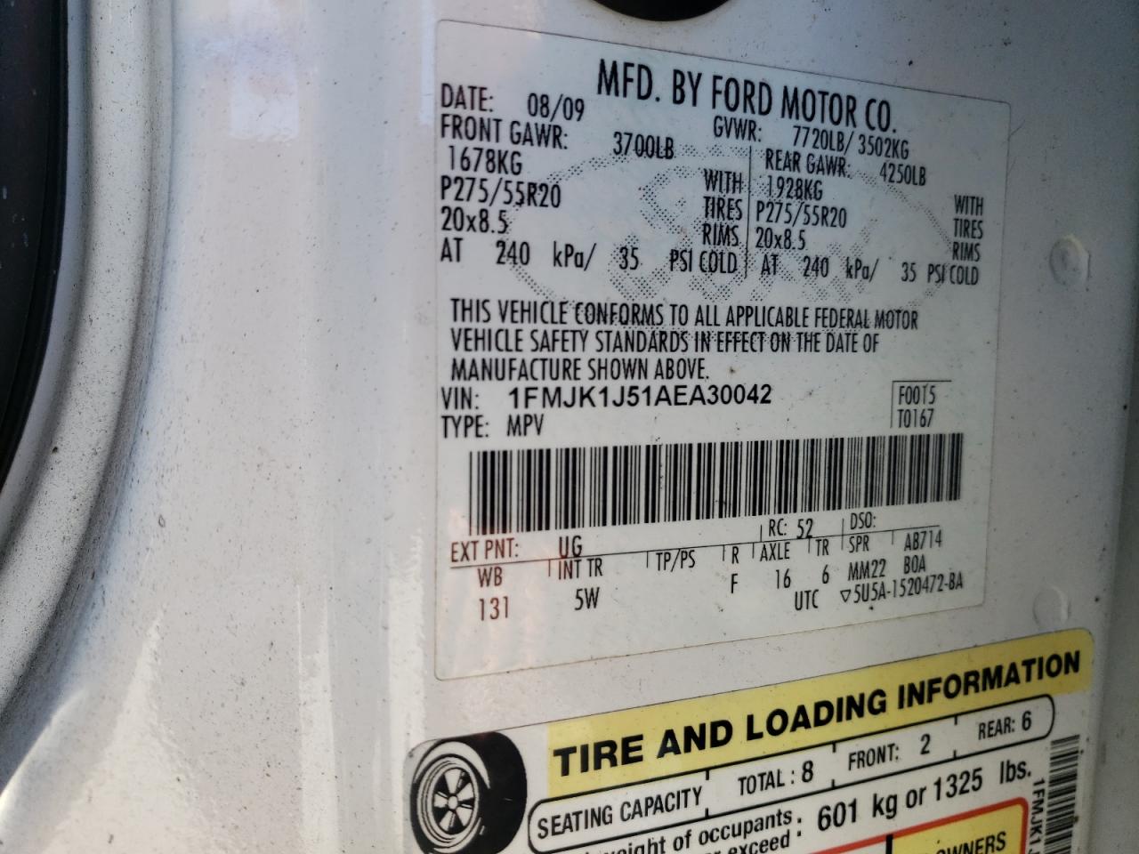 1FMJK1J51AEA30042 2010 Ford Expedition El Eddie Bauer