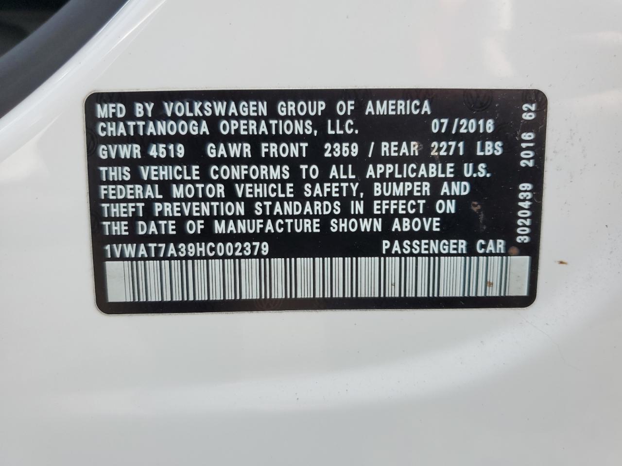 1VWAT7A39HC002379 2017 Volkswagen Passat S